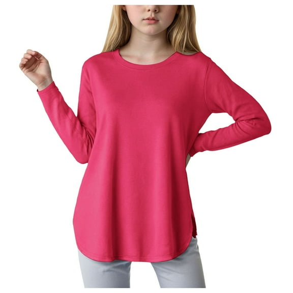 Cute Tops For Girls 10-12 Girls T Shirt Girls Long Sleeve Shirts Kids Casual Crewneck Soft Side Slit Tunic Tops Blouse Hot Pink 10-11 Years