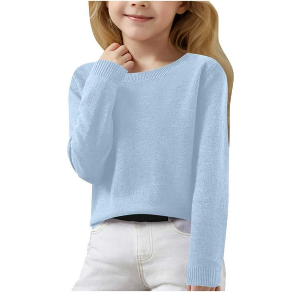 Cute Tops for Teen Girls Winter Solid Color Sweaters Trendy V Neck Knit Pullover Jumper Tops Fashion Sweatshirts Size 10-12 Long Sleeve Shirts Preppy Winter Clothes Outfits for Kids Blue 8-9Years
