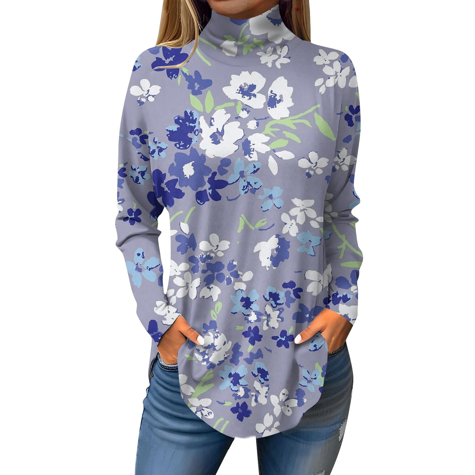 Cute Tops for Women Fall Floral Print Blouse Long Sleeve Turtleneck T