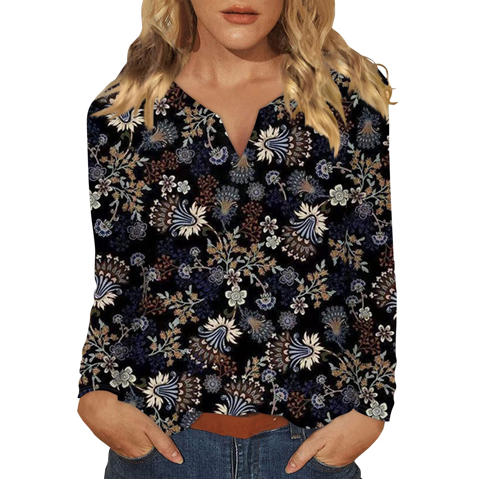 Cute Tops for Women Fall Floral Print Blouse Long Sleeve VNeck Tunic