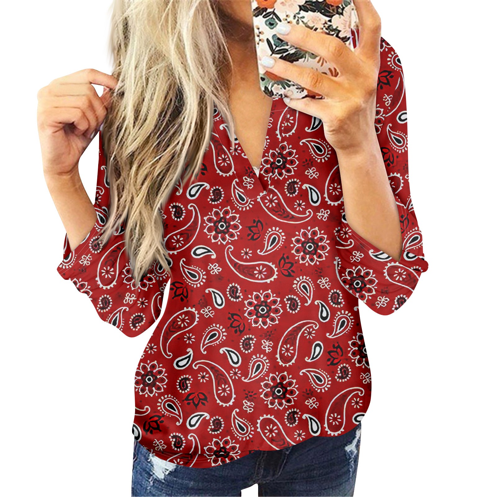 Cute Tops for Women Fall Floral Print Shirts Long Sleeve VNeck Tunic