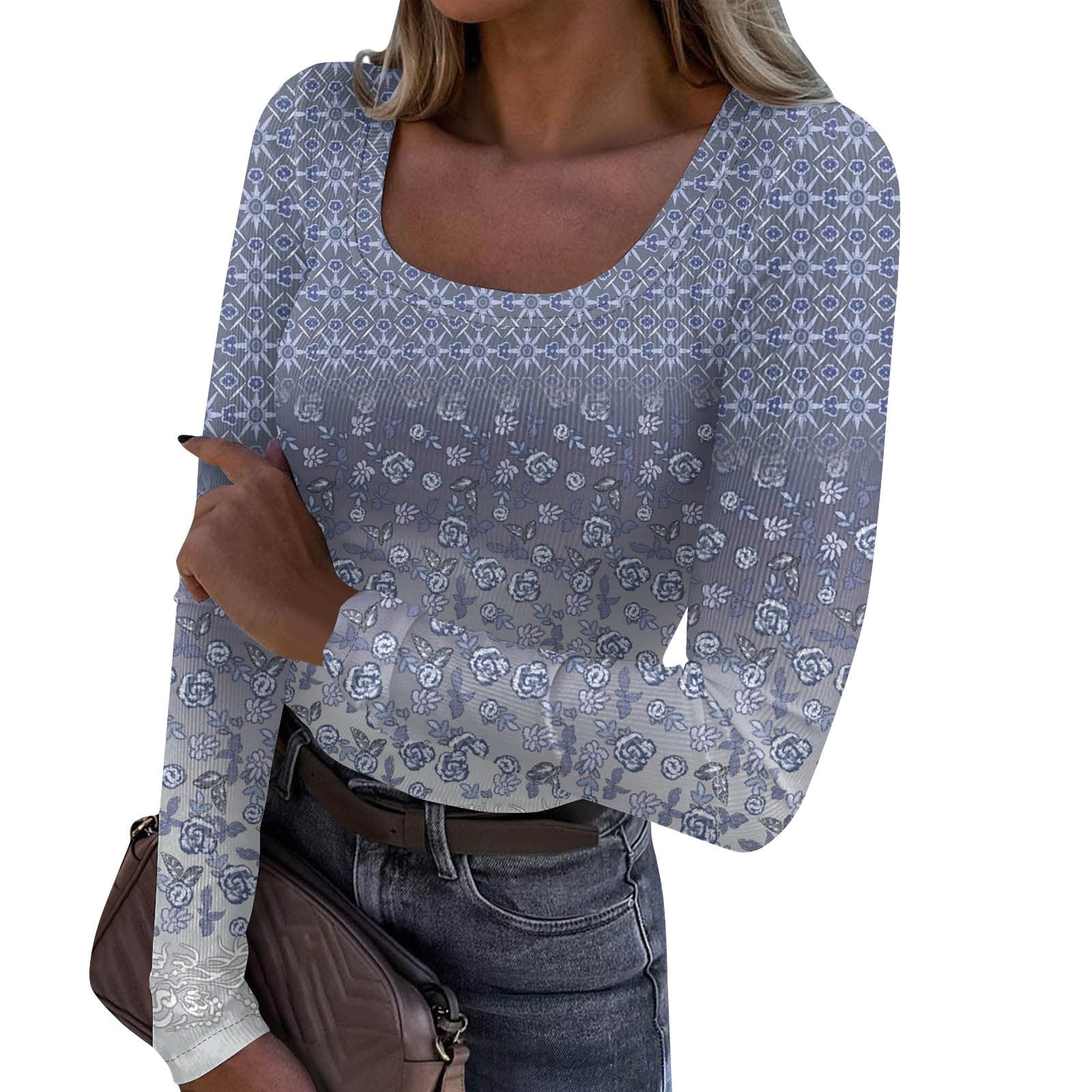 Cute Tops for Women Fall Ribbed Knit Shirts Long Sleeve Scoop Neck