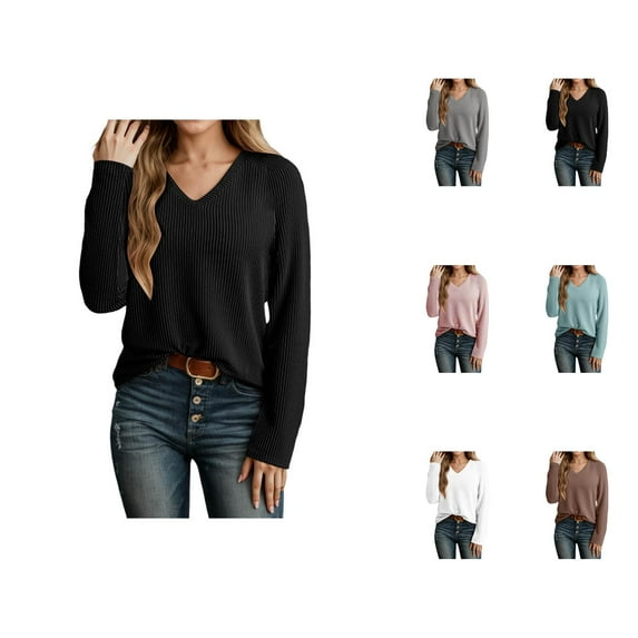 Cute Tops for Women Women's Solid Sweatshirt Women's Casual Long Sleeve V Neck Sweatshirt Soft Ribbed Knit Pullover Tops For Everyday Wear Comfortable Stylish Basic Shirt