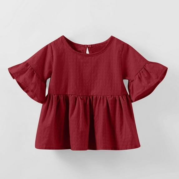 Cute Tops for Girls 2025 Cotton Bell-Sleeve T Shirts Toddlers Kids 0-4Y Pullover Crewneck Solid Color Peplum Blouses Top