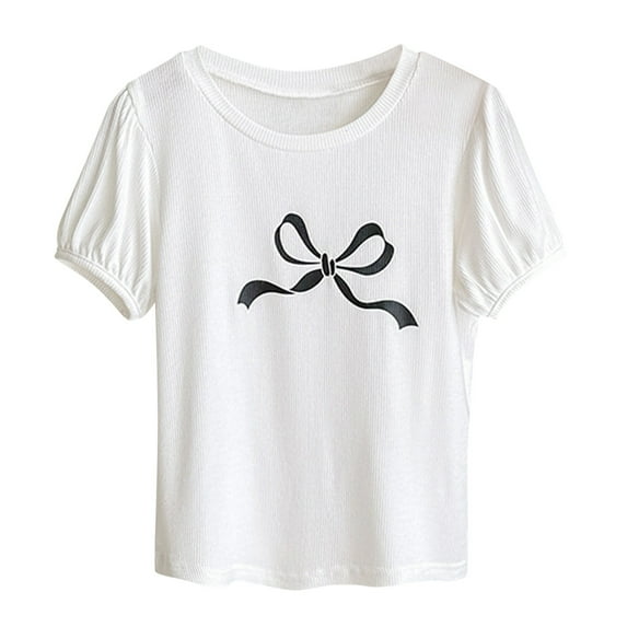 Cute Tops for Girls Bowknot Print Puff Short Sleeve T-shirts Crew Neck 1-9 Years Toddler Kid Summer Clothes (1T, White)