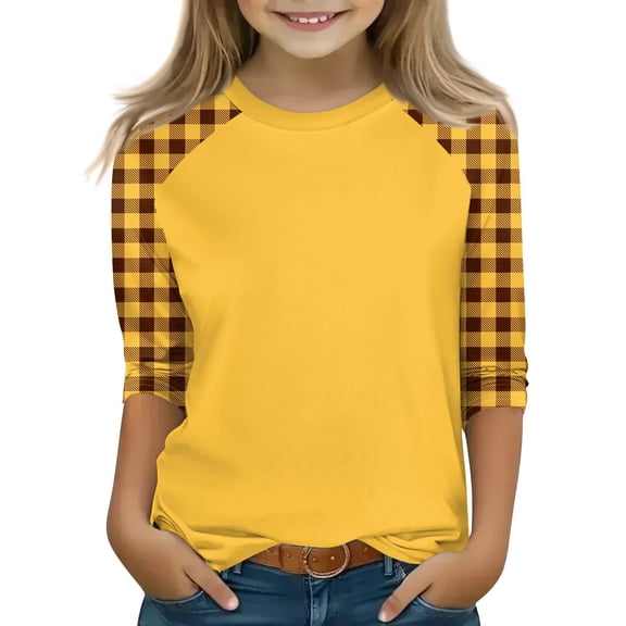 Cute Tops for Teen Girls Flowy 3/4 Sleeve Crew Neck Raglan Contrast Blouses Oversized Half Sleeve Tops Earthy Yellow 100