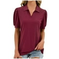 thumbnail image 1 of Cute Tops for Women Collared V-Neck Short Ruched Sleeve Casual Breathable Oversized Beach Vacation Party Tees, 1 of 8