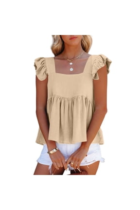 Cute Tops for Women Cotton Linen Ruffle Tiered Babydoll Cropped Shirt Layered Flutter Sleeve Square Neck Blouse Beige L
