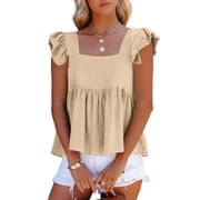 Cute Tops for Women Cotton Linen Ruffle Tiered Babydoll Cropped Shirt Layered Flutter Sleeve Square Neck Blouse Beige M