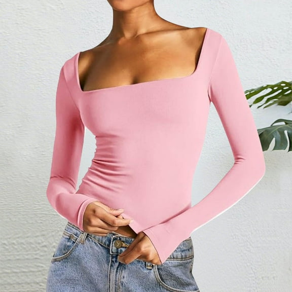 Cute Tops for Women, Double Lined Square Neck Long Sleeve Shirts for Women - Basic Slim Fit Crop T Shirt