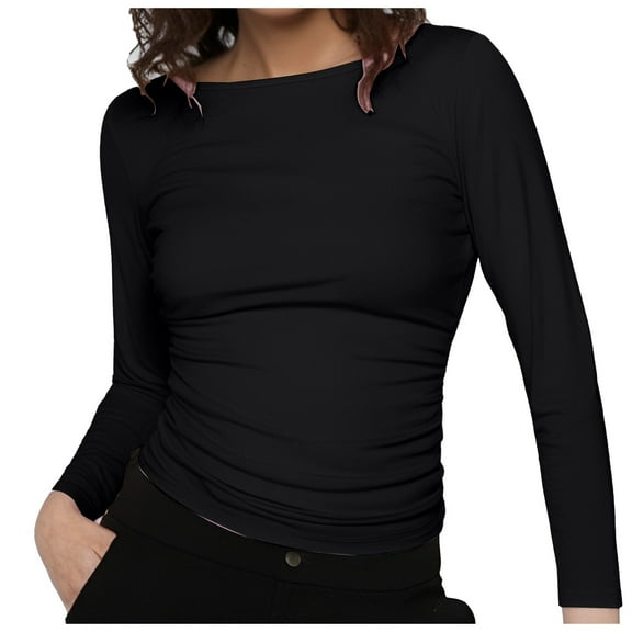 Cute Tops for Women Fall Long Sleeve Boat Neck Fitted Solid Color Basic Clothes Womens Plain Tshirts Black XS
