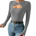 thumbnail image 1 of Cute Tops for Women Fall Long Sleeve Cutout Solid Ribbed Knit Pullover Slim Fit Basic Womens Tee Shirts Dressy Casual Grey XL, 1 of 7