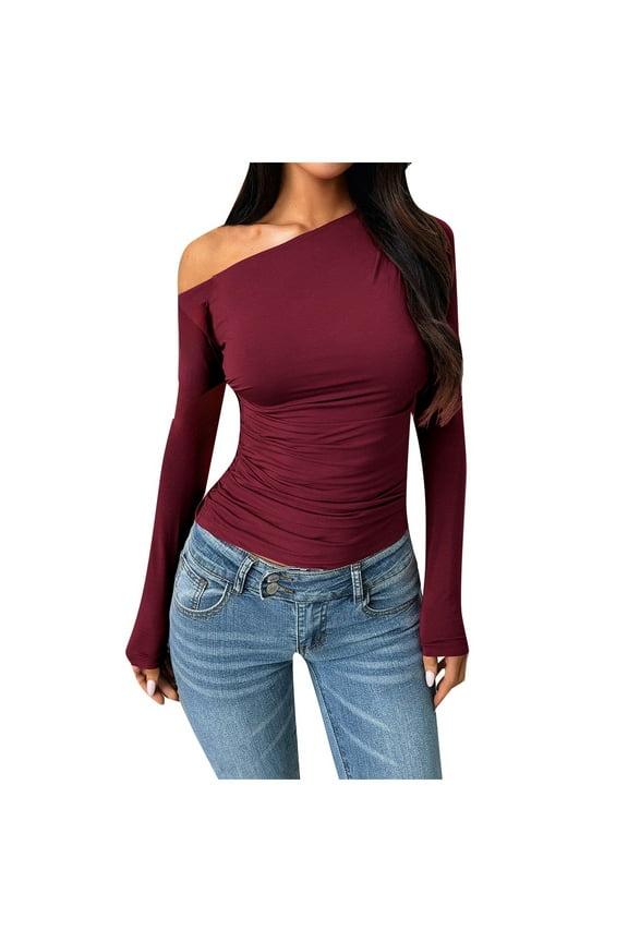 Cute Tops for Women Fall Long Sleeve Slanted Collar Off Shoulder Knit Summer High End Spicy Girl Designer Apparel Womens Plain Tshirts Wine XL