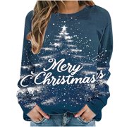 HXSHGDSN Cute Tops for Women Fall Winter Christmas Printed Crew Neck Long Sleeve Pullover Sweatshirt Casual Loose Workout Tops,Navy,XL