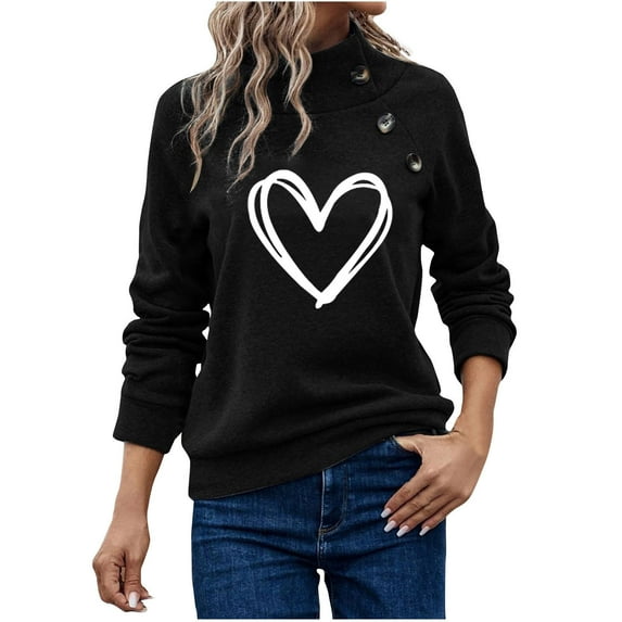 Cute Tops for Women Long Sleeve Mock Crew Neck Button Trim Tunic Tee Casual Loose Heart Graphic Print Pullover Shirts(Black,L)