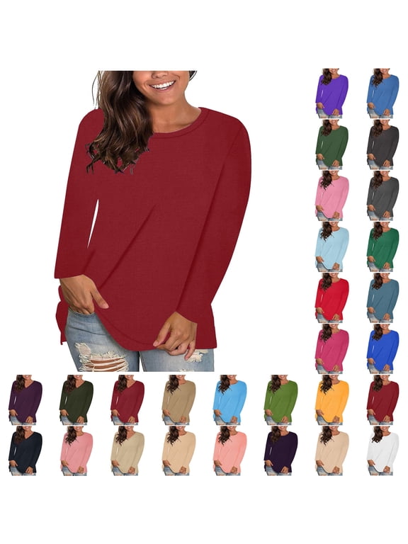 Cute Tops for Women Sawvnm Women's Fashion Solid Loose Long Sleeve T-shirt Pullover Tops