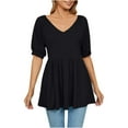thumbnail image 1 of Cute Tops for Women Short Sleeve V Neck Pleated Peplum Tops Solid Color Casual Flowy Babydoll Shirts Loose Blouses Womens Clothes, 1 of 5