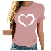 Cute Tops for Women Short Sleeves Heart-shaped Print Casual Tops Blouse T-shirt Pink M