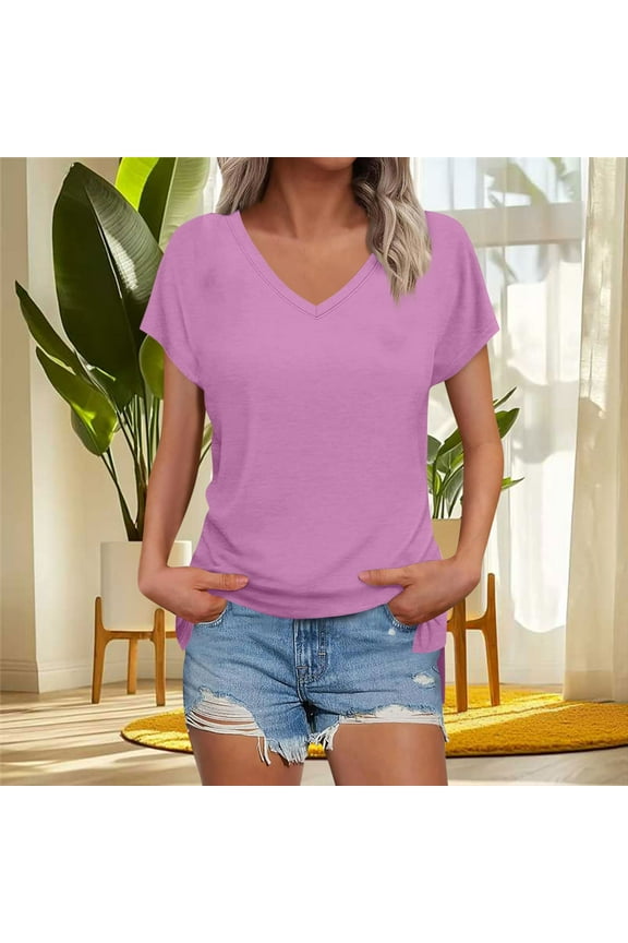 Cute Tops for Women Spring 2026 Dressy Casual V-Neck Short Sleeve Slim Fit High-Low Basic T-Shirt