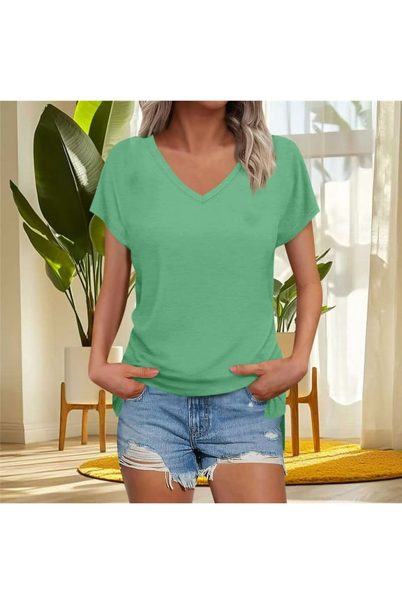 Cute Tops for Women Spring 2026 Dressy Casual V-Neck Short Sleeve Slim Fit High-Low Basic T-Shirt