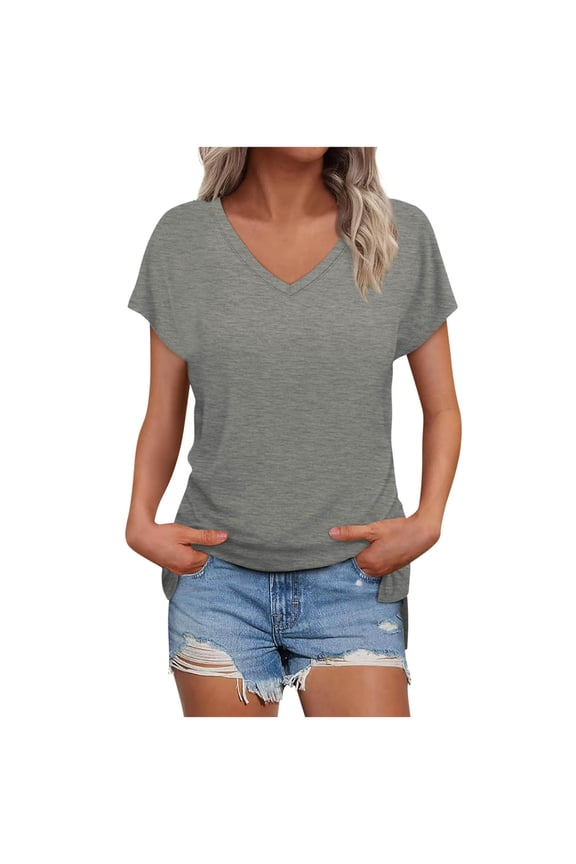 Cute Tops for Women Spring 2026 Dressy Casual V-Neck Short Sleeve Slim Fit High-Low Basic T-Shirt