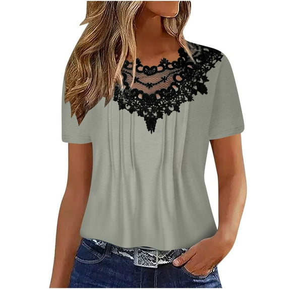 Cute Tops for Women Summer Floral Lace Patchwork Round Neck Pleated Dressy Casual Blouses Short Sleeve T-shirt (X-Large, Gray)