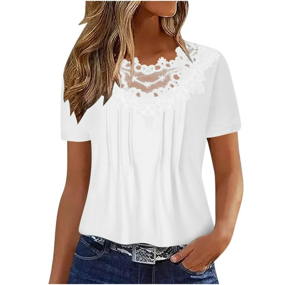 Cute Tops for Women Summer Floral Lace Patchwork Round Neck Pleated Dressy Casual Blouses Short Sleeve T-shirt (X-Large, White)