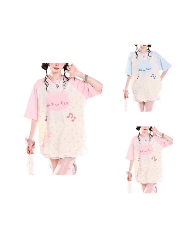 Cute Tops for Women Summer Raglan Short Sleeve Crewneck Casual Y2k Harajuku Cutecore Kawaii Cat Graphic T Shirts