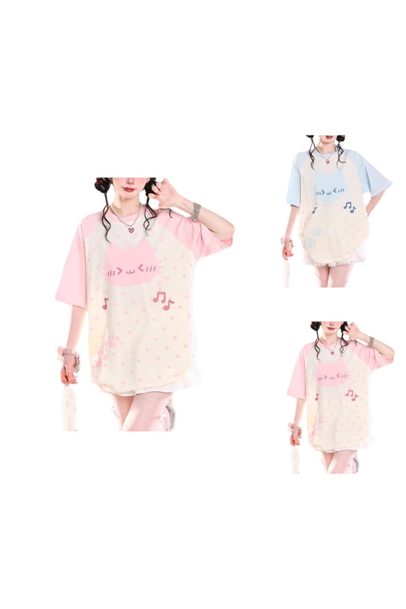 Cute Tops for Women Summer Raglan Short Sleeve Crewneck Casual Y2k Harajuku Cutecore Kawaii Cat Graphic T Shirts