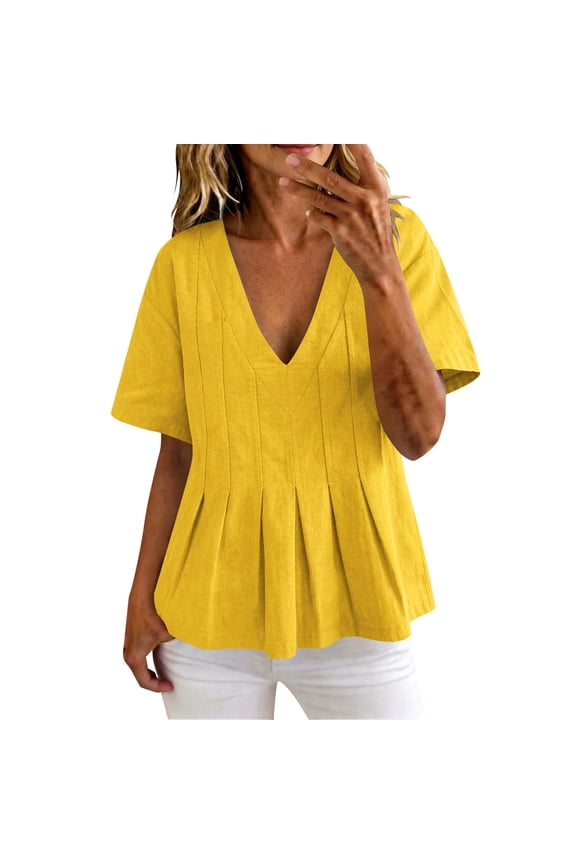 Cute Tops for Women Summer V Neck Pleated Swing T-Shirt Casual Babydoll Peplum Tops Flowy Loose Fit Linen Tee Shirts