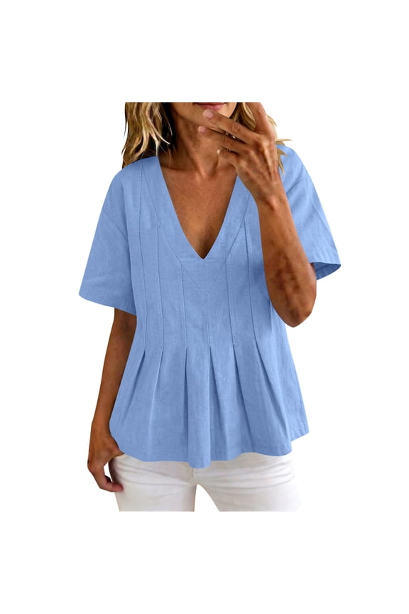Cute Tops for Women Summer V Neck Pleated Swing T-Shirt Casual Babydoll Peplum Tops Flowy Loose Fit Linen Tee Shirts