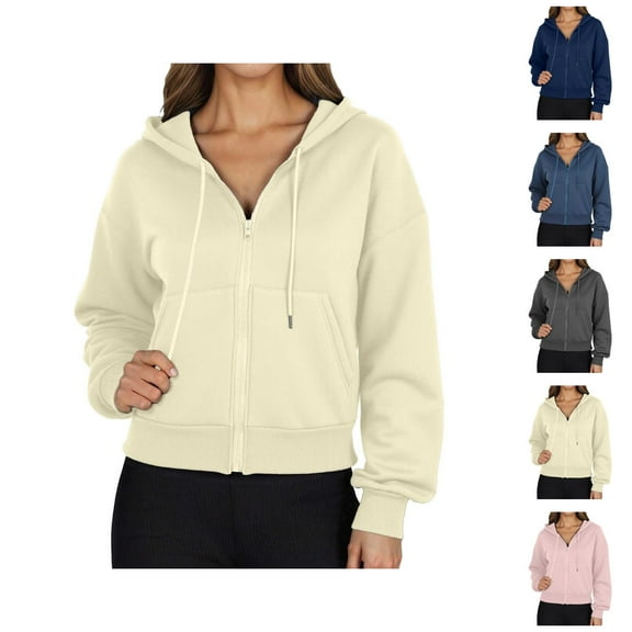 Cute Tops for Women Women's Solid Sweatshirt A Short Long Sleeved Hooded Sweatshirt With High Pockets And Full Zippers For Women