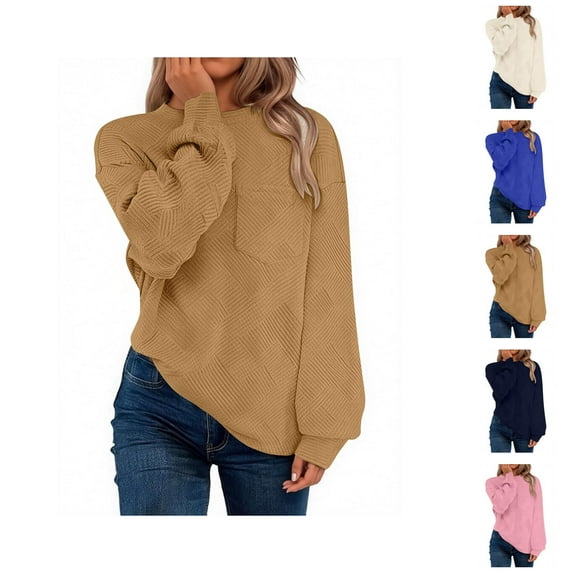 Cute Tops for Women Women's Solid Sweatshirt Women's Casual Solid Color Crew Neck Long Sleeve Pocket Pullover Sweatshirt