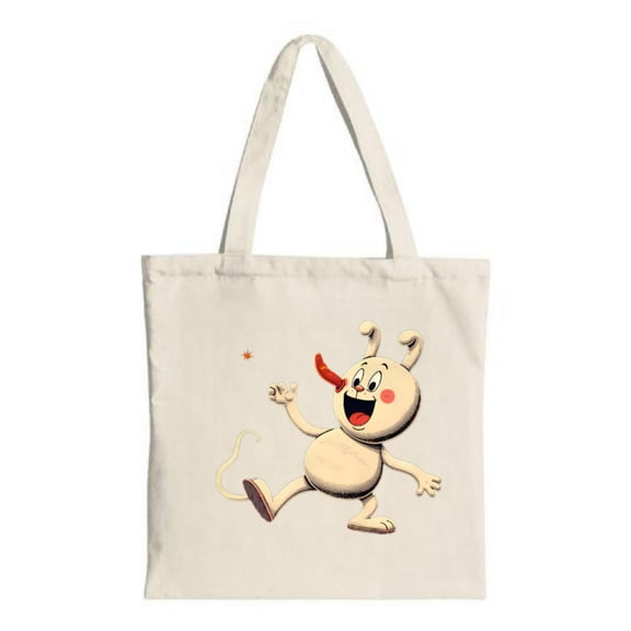 Cute Tote Bag - Light - colored mouse with red nose & tongue smiling holding a star Perfect for shopping travel & parties