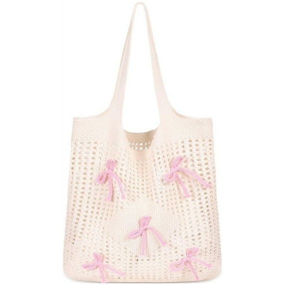 Cute Tote Bags,Beach Bag,Mesh Knitted Bow Tote Bag,Crochet Shoulder Handbags,Bohemian Bags,Summer Bags for Girls and Ladies Summer Beach Vacation,Pink,Topboutique