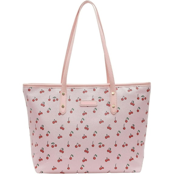 Cute Tote Purse Top Handle Floral Hangbags Faux Leather Shoulder Floral Cherry Purse with Zipper Closure