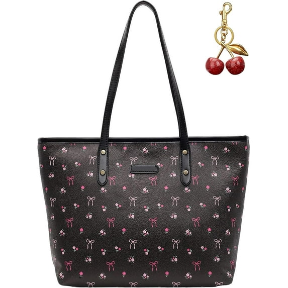 Cute Tote Purse Top Handle Floral Hangbags Faux Leather Shoulder Floral Cherry Purse with Zipper Closure