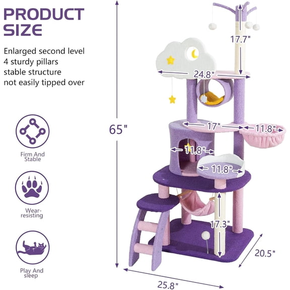 Cute Tower 65 Inches, Tree Large Tall for Indoor Cats, Pink Cloud Big Tree Castle Mansion Condo for Large Cats Activity Trees with Scratching Post Hammock