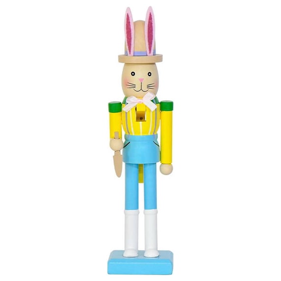 Cute Traditional Rabbit Wooden Nutcracker 10 Inch Easter Wood Decorative Bunny Figurine Ornament for Spring Home Decor Collectible Gifts (Blue)