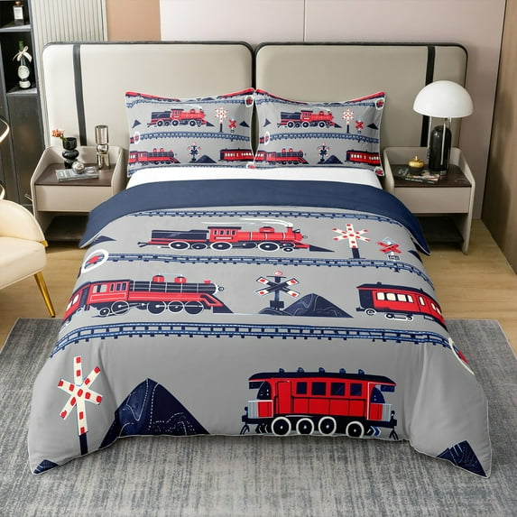 Cute Train 100% Cotton Duvet Cover Queen Size,Cartoon Steam Locomotive Comforter Cover For Bedroom,Gray Red Vehicle Quilt Cover(No Comforter)