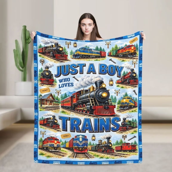 Cute Train Blanket Steam Locomotive Railroad Station Tracks Engine Gift for Boys 50x40 in