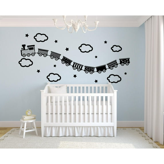 Cute Train Pattern Stars Clouds Toy Railroad Trains Wall Sticker Art Decal for Girls Boys Room Bedroom Nursery Kindergarten House Fun Home Decor Stickers Wall Art Vinyl Decoration Size (27x30 inch)