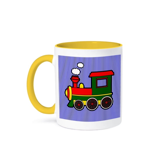 3dRose, Cute Train Red Green Yellow Blue Stripe Background, 15oz Two-Tone Yellow Mug