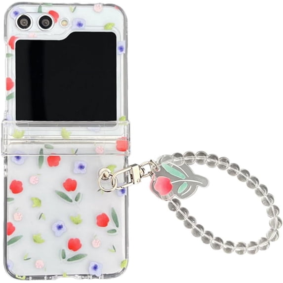 Cute Transparent Case for Samsung Galaxy Z Flip 6(2024 Release),Beautiful Print Design with Pearl Wrist Chain Shockproof Galaxy Z Flip 6 Phone Cover (Flower)