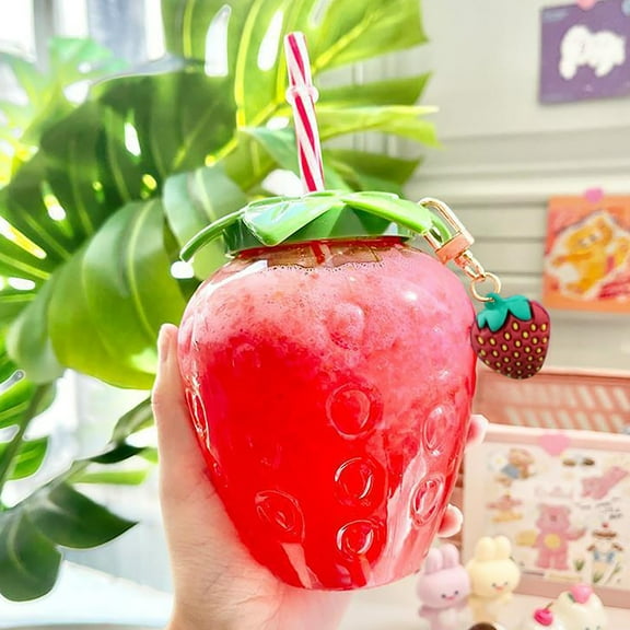 Cute Transparent Strawberry-Shaped Portable Water Cup with Straw & Pendant, Food-Grade PP Plastic, Fun Fruit Cup for Milk Tea Juice, Reusable for Home, Office, Red, By VINOIC