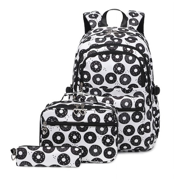 Cute Travel Backpack, 3Pcs Donut Pattern Schoolbag Large Capacity Student Backpack Multi-functional Student Casual Travel Daypack with Lunch Box Pencil Pouch Set