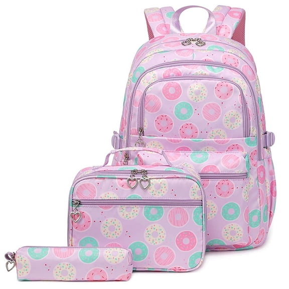 Cute Travel Backpack, 3Pcs Donut Pattern Schoolbag Large Capacity Student Backpack Multi-functional Student Casual Travel Daypack with Lunch Box Pencil Pouch Set