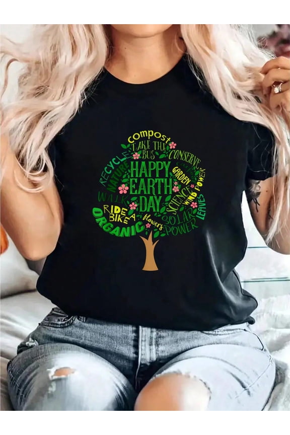 Cute Tree Drawing Illustration T-Shirt Print T-Shirt, Casual Crew Neck Short Sleeve Comfort Tee Top For Spring & Summer, Women'S Clothing