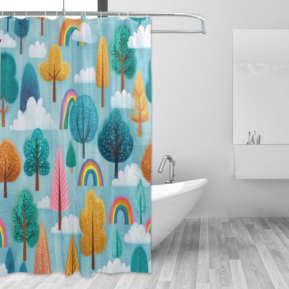 Cute Trees Rainbows with Clouds Shower Curtains with 12 Hooks Waterproof Bathroom Decor 66" x 72"