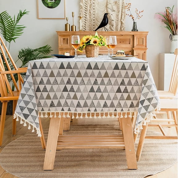 Cute Triangle Pattern Cotton Linen Fabric, Stitching Tassel Square Tablecloth for Kitchen | Dining | Tabletop | Decoration | Tea Party | Weddings | Farmhouse (55x55 Inches)